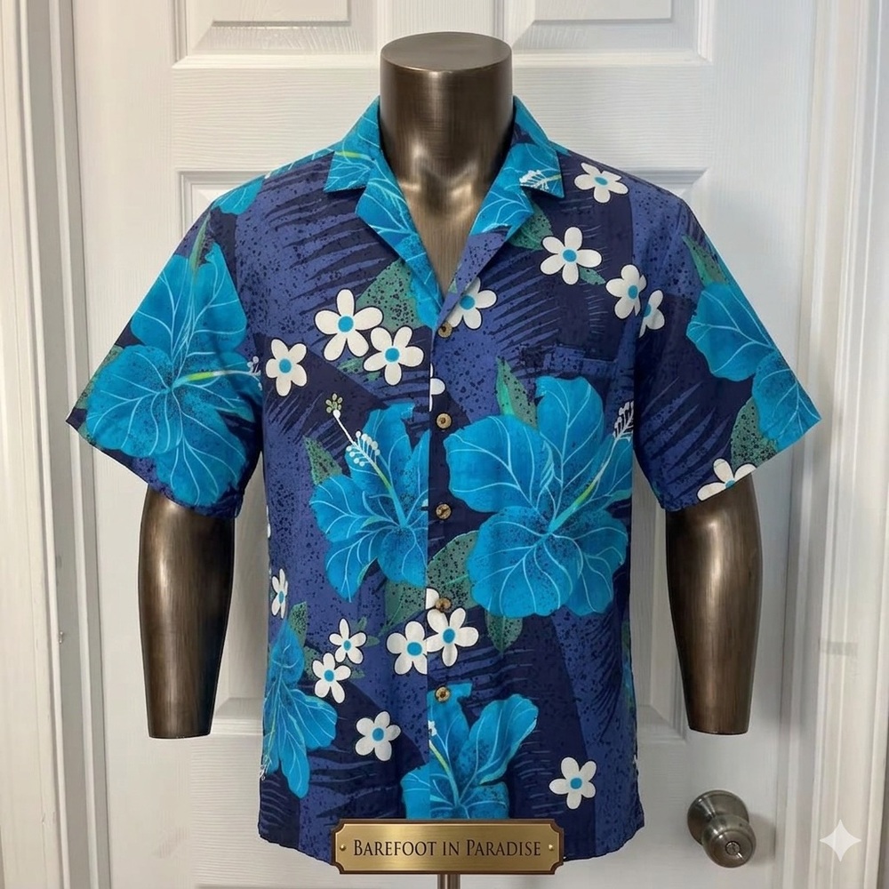 Barefoot in Paradise Vintage Men’s Blue Hawaiian Floral Shirt Size Large USA - Picture 9 of 9